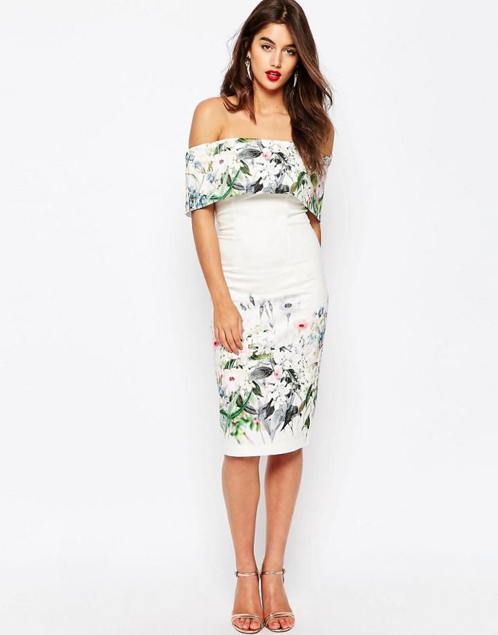 Asos Bardot Off The Shoulder Midi Pencil Dress In Border Floral - Multi
