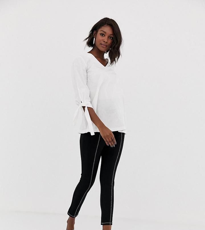 Asos Design Maternity Ponte High Waist Skinny Pants With Contrast Top Stitch - Black