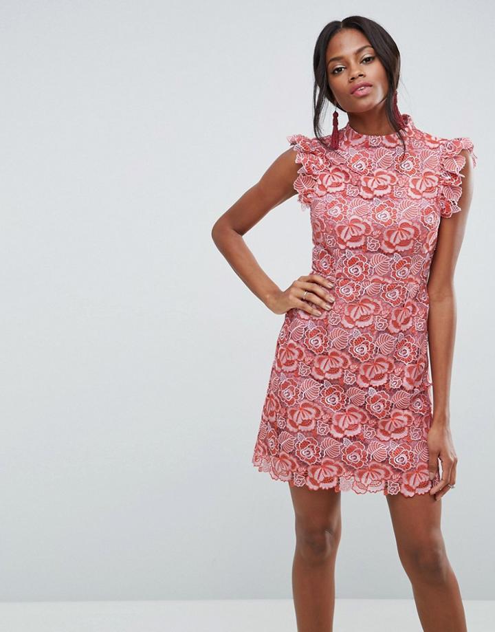 Asos Lace Frill Sleeve Mini Dress - Orange