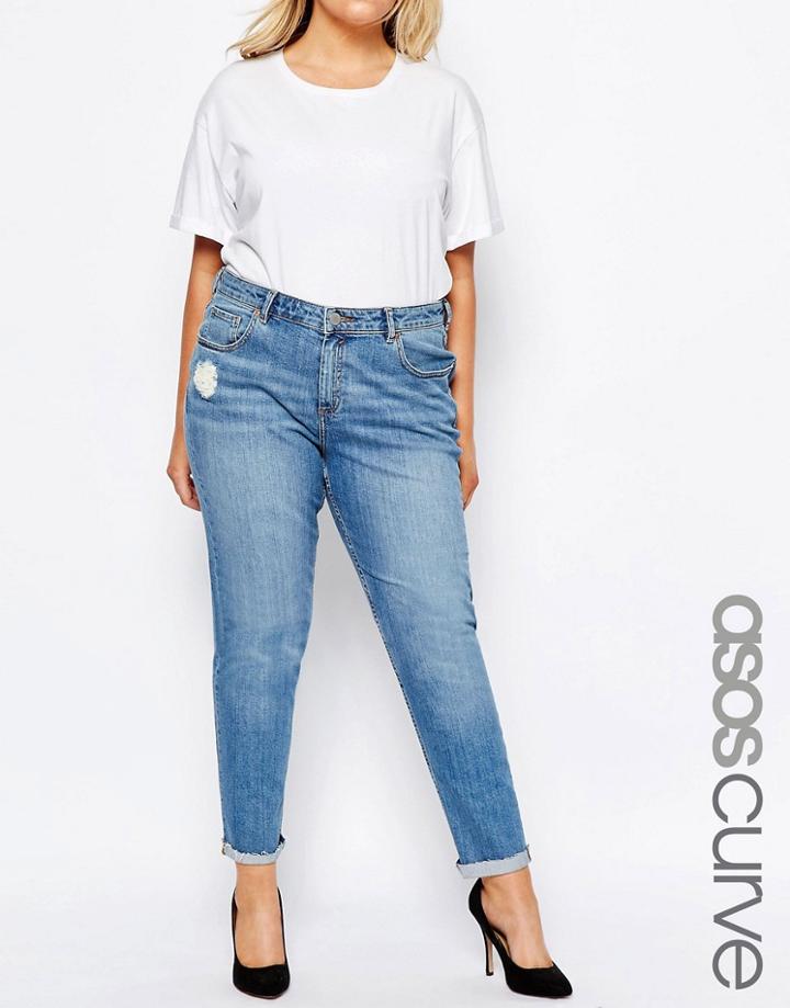 Asos Curve Kimmi Shrunken Boyfriend Jeans In Lily Wash With Rip And Repair - Blue
