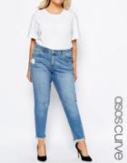 Asos Curve Kimmi Shrunken Boyfriend Jeans In Lily Wash With Rip And Repair - Blue