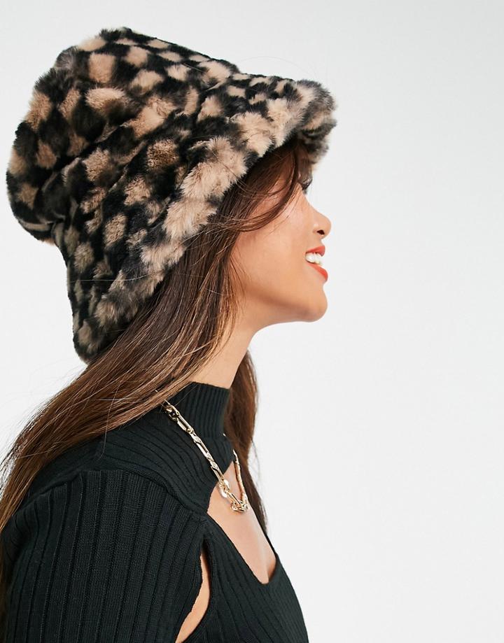Asos Design Roll Back Bucket Hat In Tonal Checkerboard Print-multi