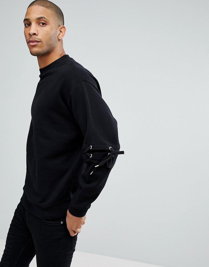 Asos Cut & Sew Sweatshirt With Lace Up Sleeve - Black
