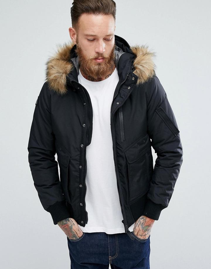 Schott Tornado Insulated Bomber Jacket Hooded Detachable Faux Fur Trim In Black - Black