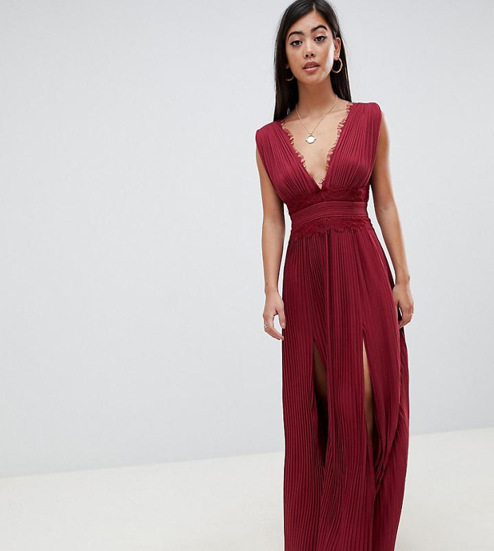 Asos Design Petite Premium Lace Insert Pleated Maxi Dress-red