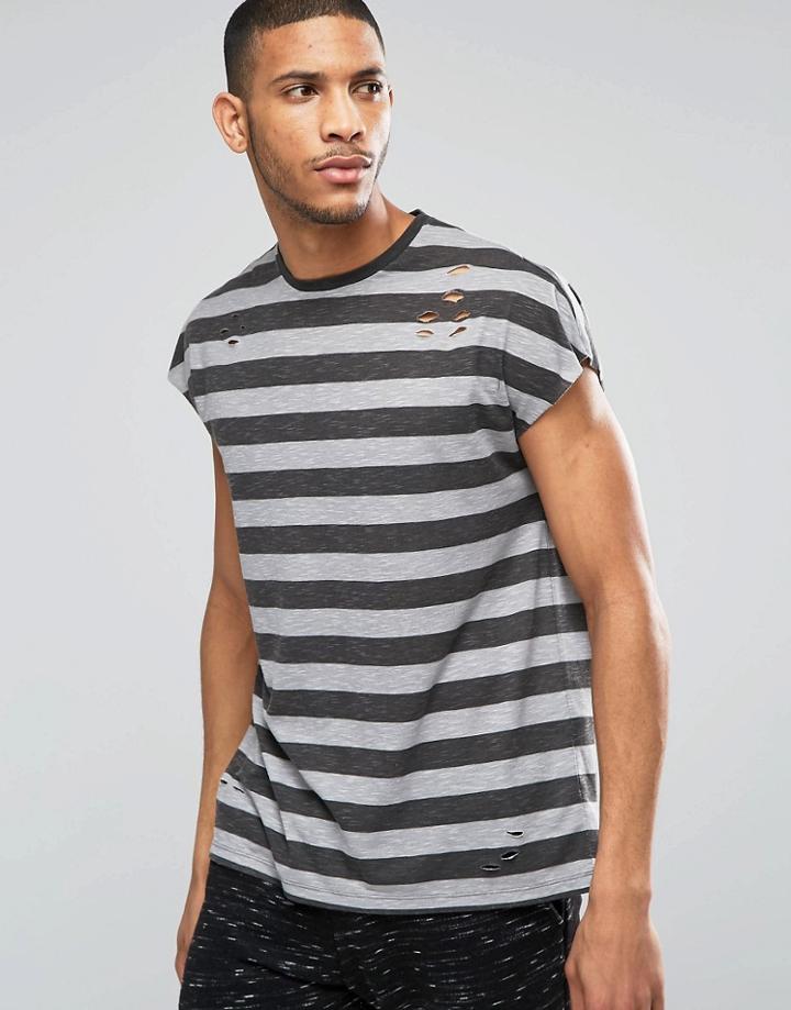 Asos Oversized Sleeveless T-shirt In Distressed Stripe - Gray