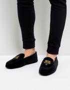 Dunlop Embrioded Loafer Slippers Black Velvet - Black