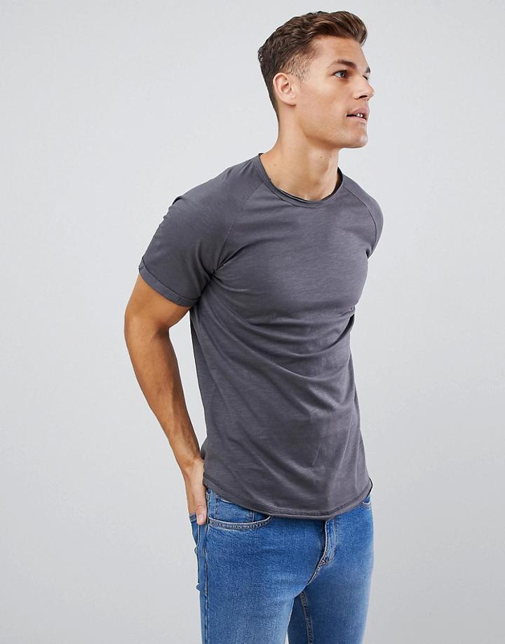 Jack & Jones Originals Longline T-shirt With Raw Hem Details And Raglan Sleeve - Black