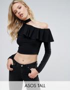 Asos Tall Off Shoulder Top With Choker And Ruffle - Black