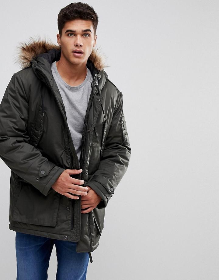 Celio Parka With Faux Fur Hood In Khaki