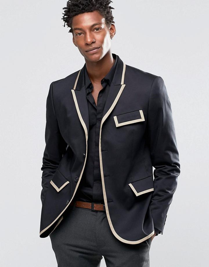 Asos Skinny Cotton Blazer With Tipping Detail In Black - Black