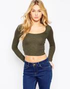 Asos The Scoop Neck Crop Top In Textured Marl Rib - Khaki