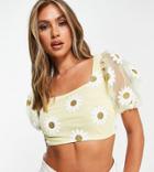Lace & Beads Exclusive Puff Sleeve Crop Top In Glitter Yellow Daisy - Part Of A Set