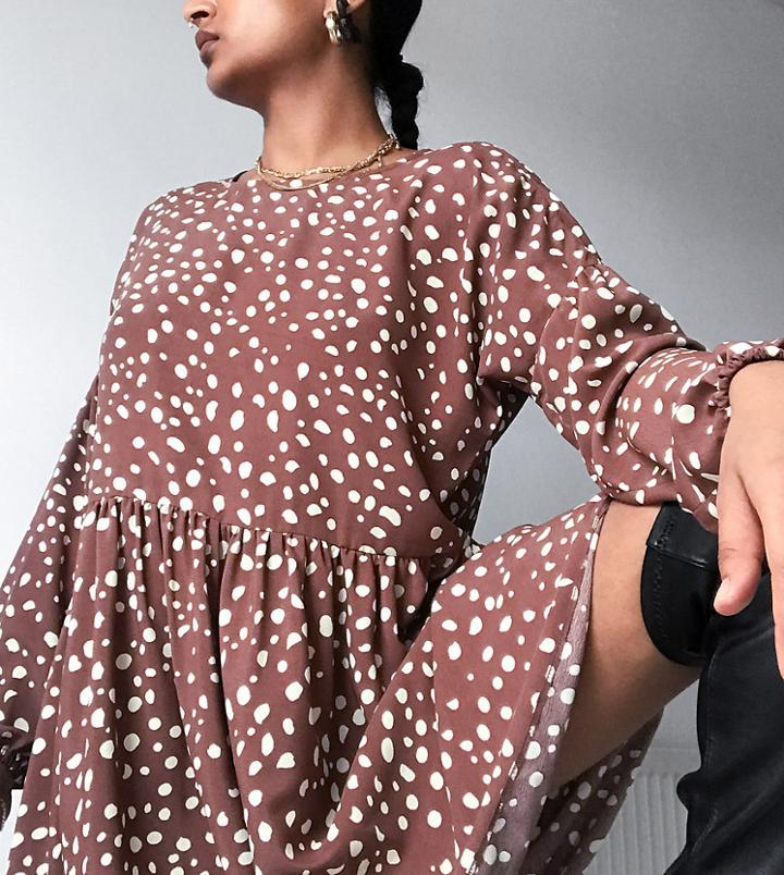 Reclaimed Vintage Inspired Long Sleeve Polkadot Smock Dress In Chocolate-brown
