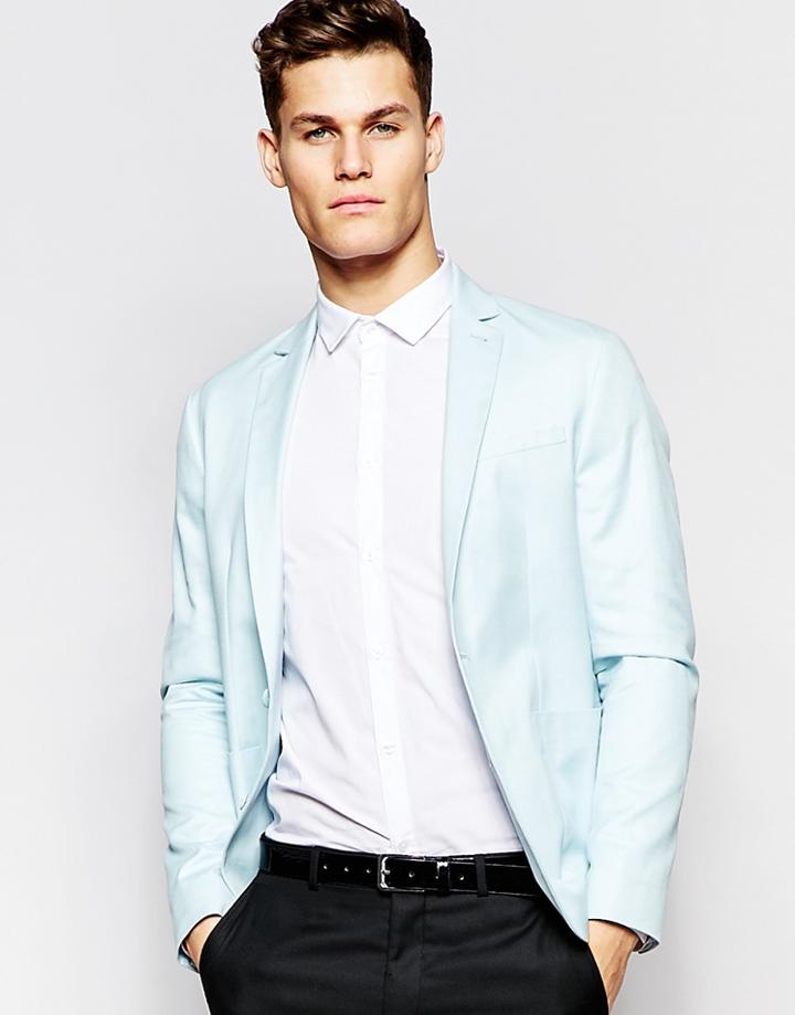 Asos Slim Blazer In Washed Cotton In Blue - Ice Blue