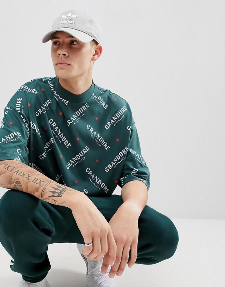 Asos Design Oversized T-shirt With All Over Text Print With Half Sleeve And Turtleneck - Green