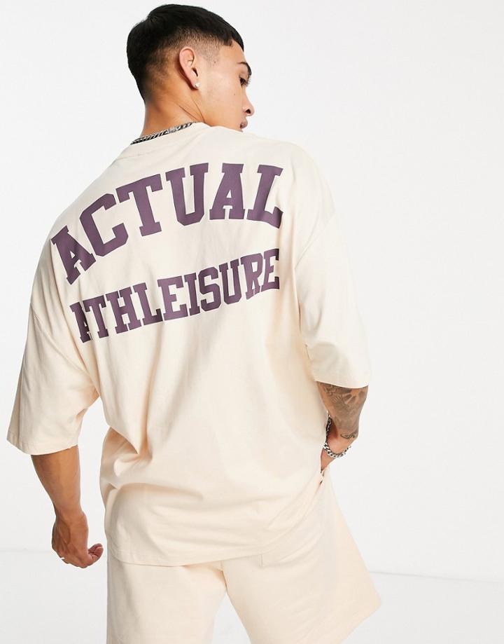 Asos Actual Athleisure Oversized T-shirt With Chest And Back Graphic Print In Sand-neutral
