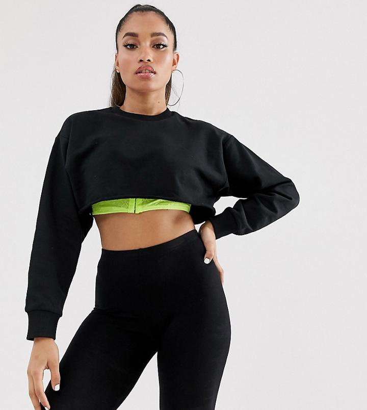 Asos Design Petite Oversized Super Crop Sweat With Raw Edge In Black - Black