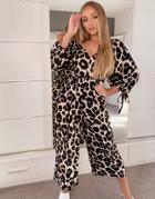 Asos Design Smock Jumpsuit With Tie Sleeve Detail In Leopard Print-multi
