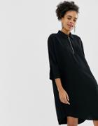 Monki Zipped Neck Oversized Shirt Dress In Black - Black