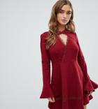 Boohoo Petite Lace Insert Flare Cuff Skater Dress In Dark Red - Red
