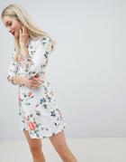 Lasula 3/4 Sleeve Floral Skater Dress - White