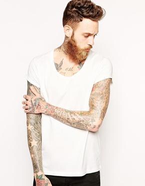 Asos T-shirt With Bound Scoop Neck And Roll Sleeve - Off White