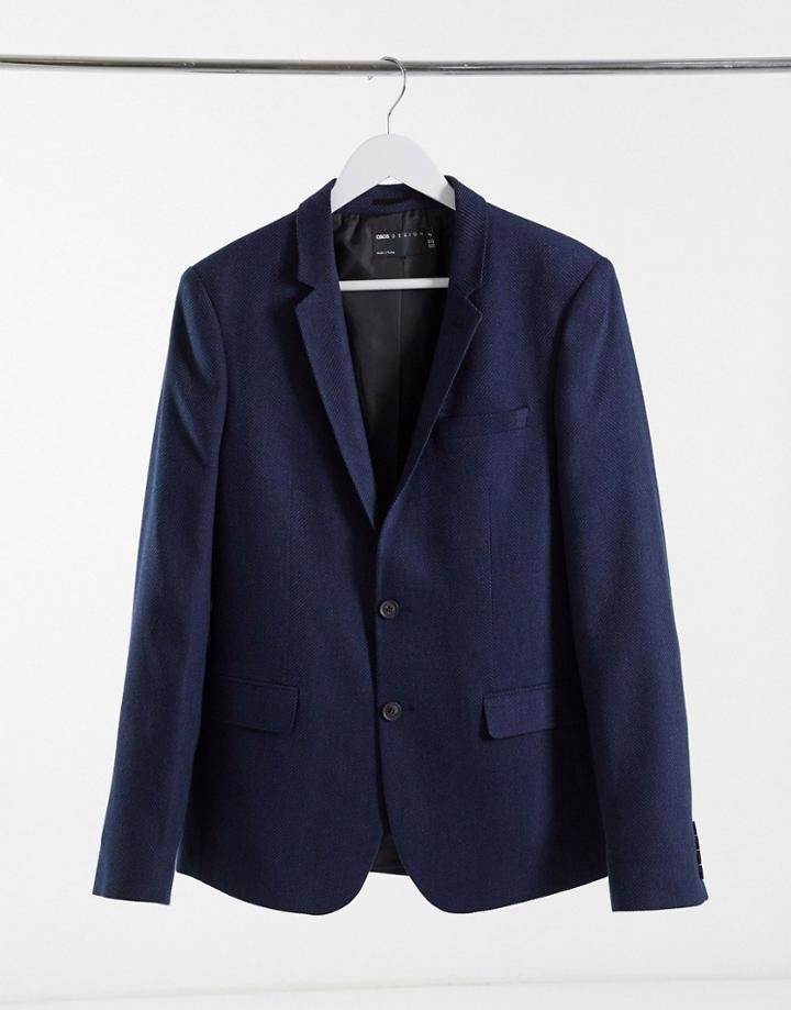 Asos Design Wedding Skinny Wool Mix Suit Jacket In Navy Herringbone