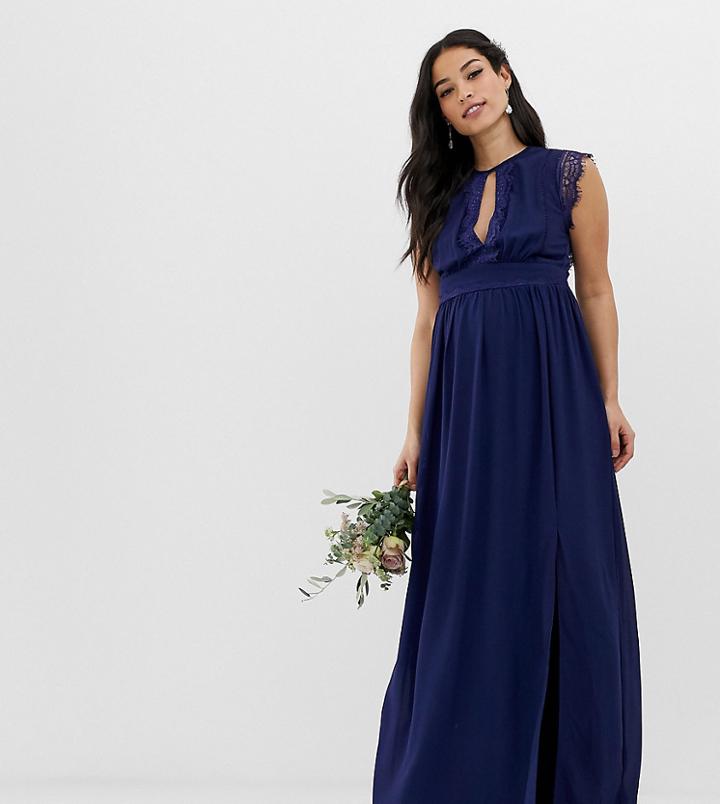 Tfnc Maternity Lace Detail Maxi Bridesmaid Dress In Navy