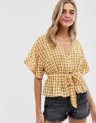 Miss Selfridge Tie Front Blouse In Yellow Gingham-multi