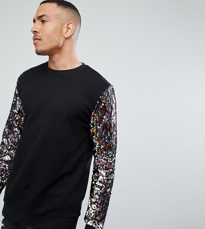 Asos Tall Sweatshirt With Rainbow Sequin Sleeves - Black