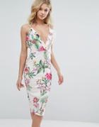 Oh My Love Midi Dress With Frill Detail In Floral Print - White