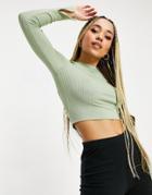 Na-kd Ribbed Jersey Top With Open Back In Dusty Green