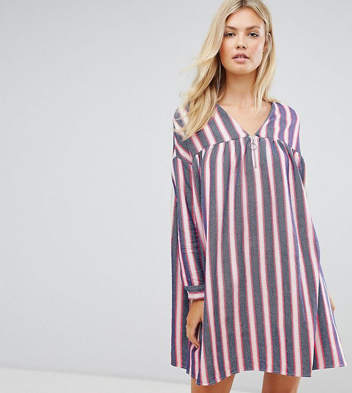 Asos Tall Smock Dress In Natural Fibre Stripe With Zip - Navy