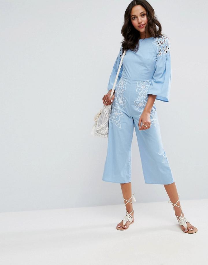 Asos Chambray Jumpsuit With Cutwork And Embroidery - Blue