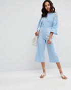 Asos Chambray Jumpsuit With Cutwork And Embroidery - Blue