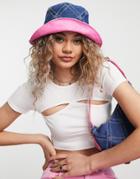 My Accessories London Cuffed Bucket Hat In Quilted Denim With Pink Cuff - Part Of A Set-blue