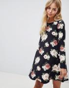 Brave Soul Florence Long Sleeve Swing Dress In Floral Print - Black