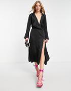 Asos Design Bias Cut Drape Midi Dress With Button Detail In Black