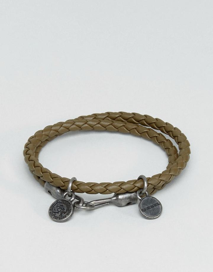 Diesel A-lucy Wrap Leather Bracelet In Olive - Green