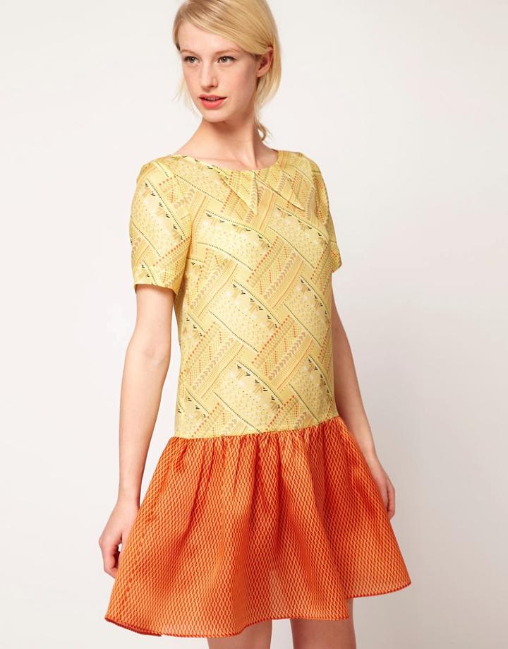 Nahm Dress In Printed Silk With Collar Detail - Orange