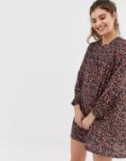 Pull & Bear Shirred Dress In Ditsy Floral Print - Black
