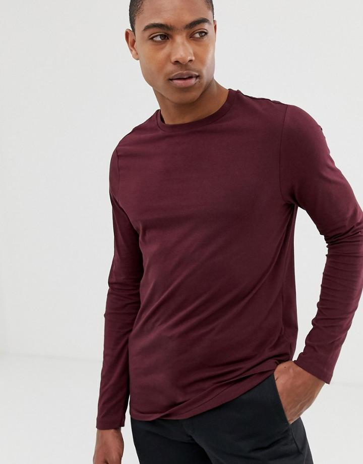 Asos Design Organic Long Sleeve T-shirt With Crew Neck In Burgundy - Red