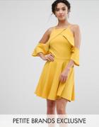 John Zack Petite Frill Cold Shoulder Mini Dress - Yellow