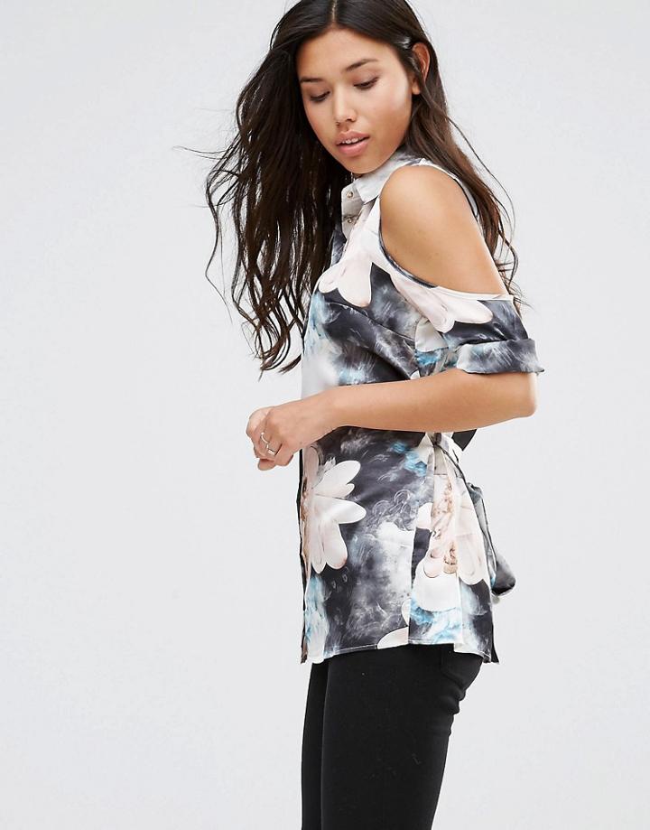 Parisian Cold Shoulder Shirt In Watercolour Print - Blue