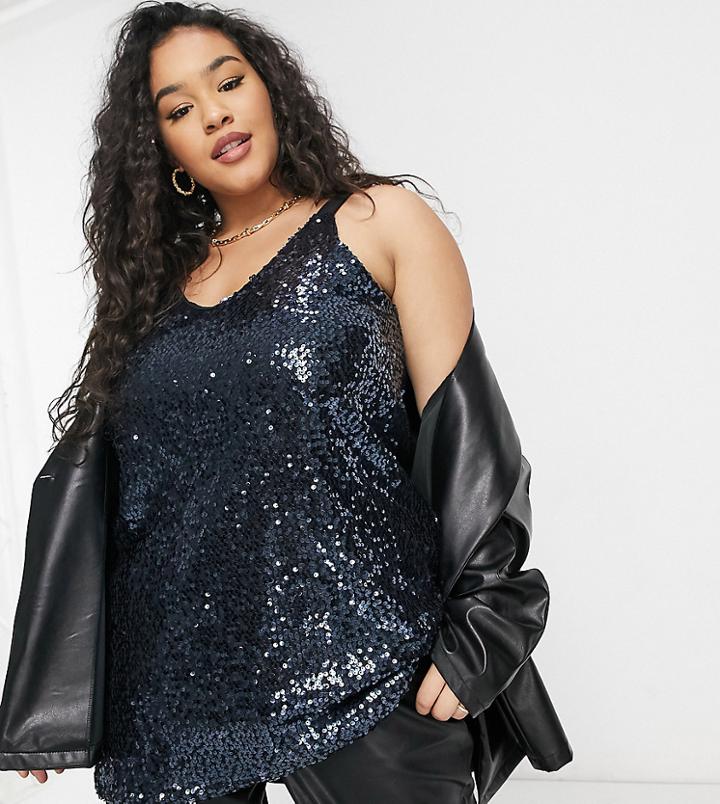 Yours Sequin Cami Top In Navy
