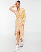 Monki V-neck Long Sleeve Midi Dress In Retro Floral-multi