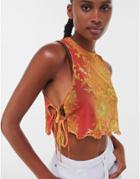 Bershka Recycled Polyester Sun Print Mesh Top With Lettuce Hem & Tie Detail In Orange