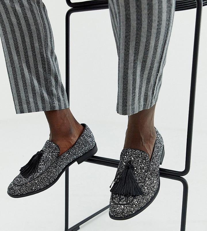 Asos Design Wide Fit Loafers In Black Glitter With Tassel Detail