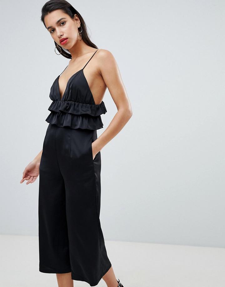 Vila Satin Ruffle Cami Jumpsuit - Black